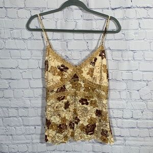 MKM Womens VTG Babydoll Floral Tank Top Brown Sheer Lace Size L Forest Fairy